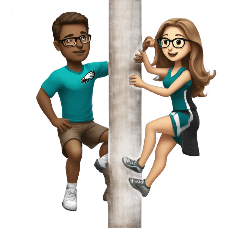 brown hair female with glasses and male with light skin and light brown hair who are both eagles fan climbing up a pole emoji