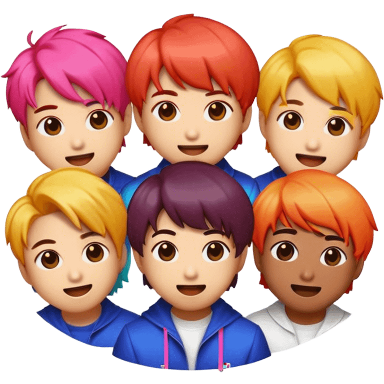 Cinematic Realistic BTS Pop Culture Emoji, featuring a dynamic, energetic portrayal of the acclaimed K-pop group rendered with vibrant textures and energetic, colorful lighting. emoji