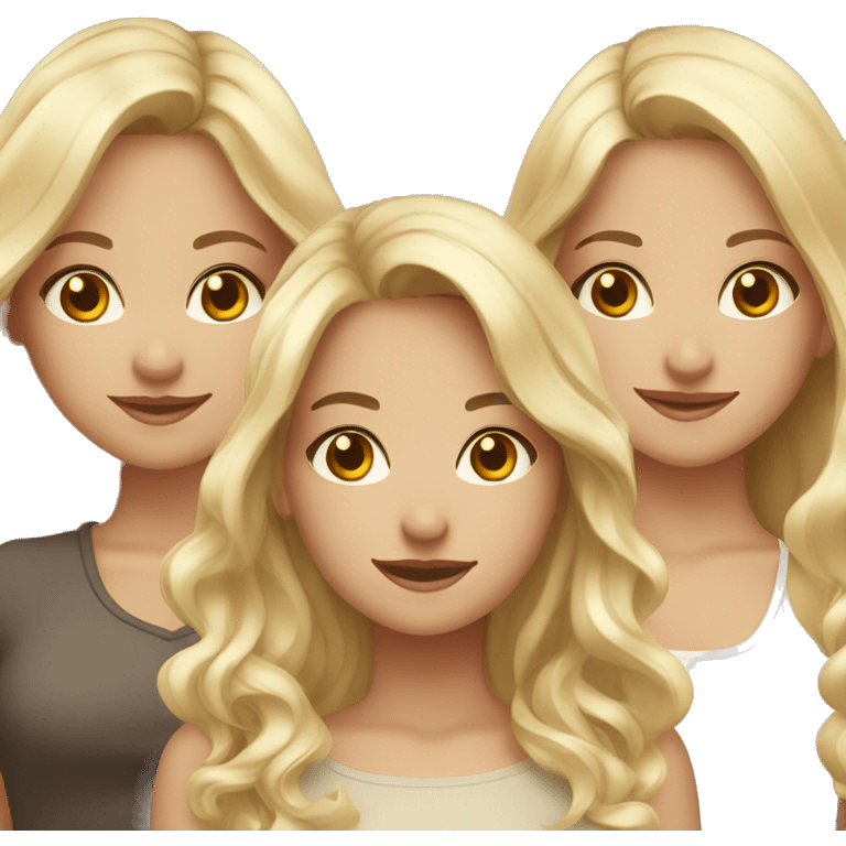 three girls. two blonde one brunette. the blondes have hazel eyes and long hair. the brunette has brown eyes and curled hair. emoji