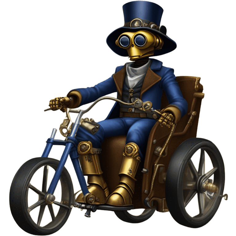 Old west Bounty hunter C-3PO wearing a pair of navy-blue rimmed steampunk goggles, hat, leather chaps, fringe jacket riding a relaxed 3 wheeler trike steampunk rat rod motorcycle in desert town  emoji