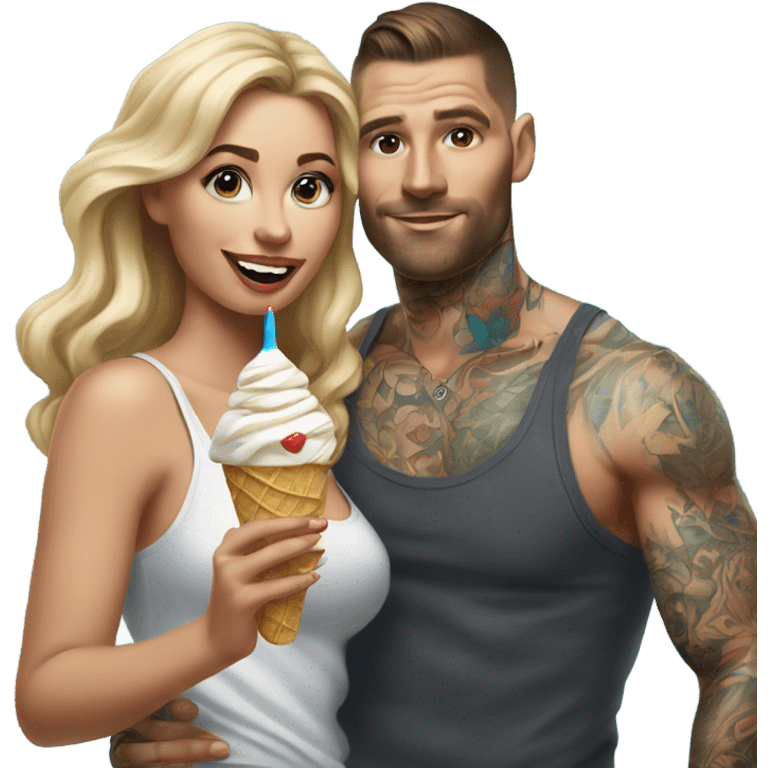 Hyper Realistic beautiful woman in the arms of a very handsome tattooed man eating ice cream  emoji