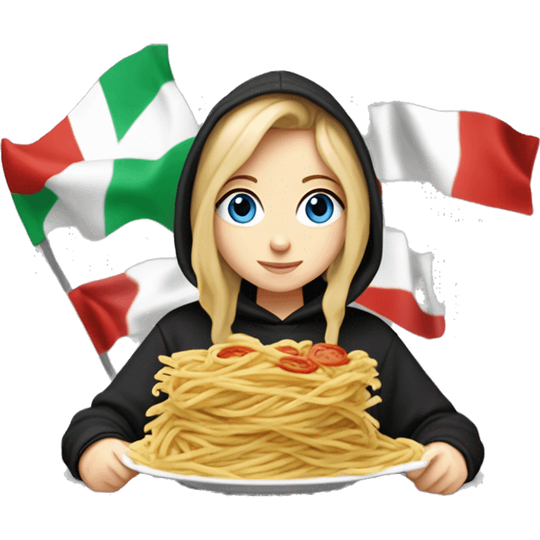 pale girl with blue eyes and pretty eyelashes and dirty blonde hair and freckles holding an italian flag while eating pasta and with a black hoodie on that says “morgan” on it emoji