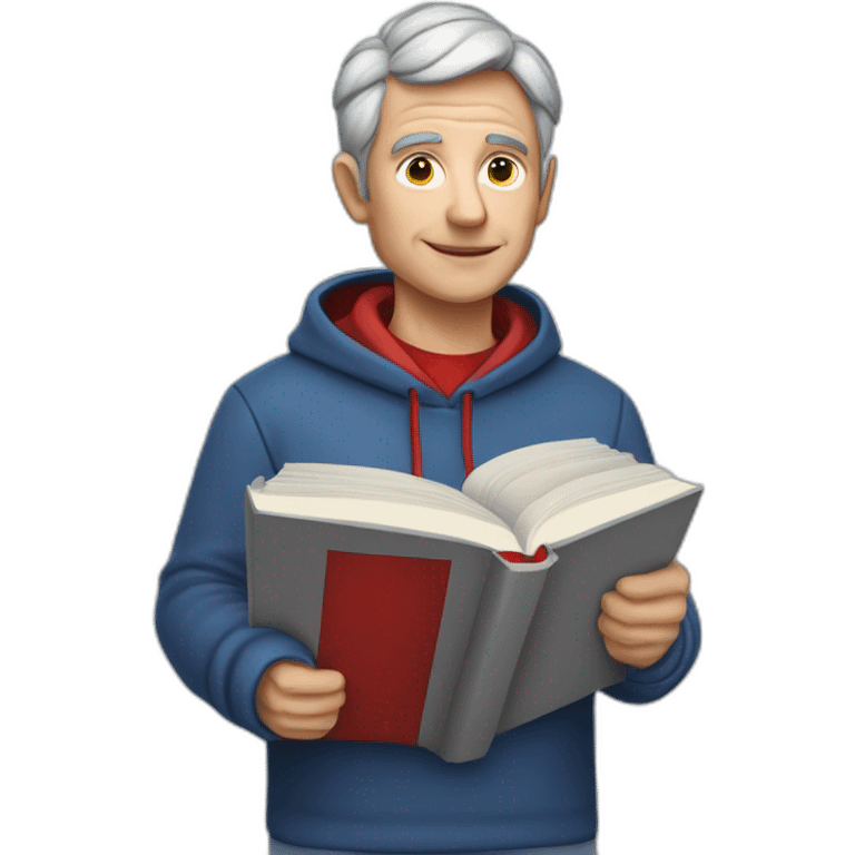 professor with very short grey hair and no beard at all that is wearing a red hoodie an is holding a white book with blue and red stripes on the top of the cover in his hand emoji