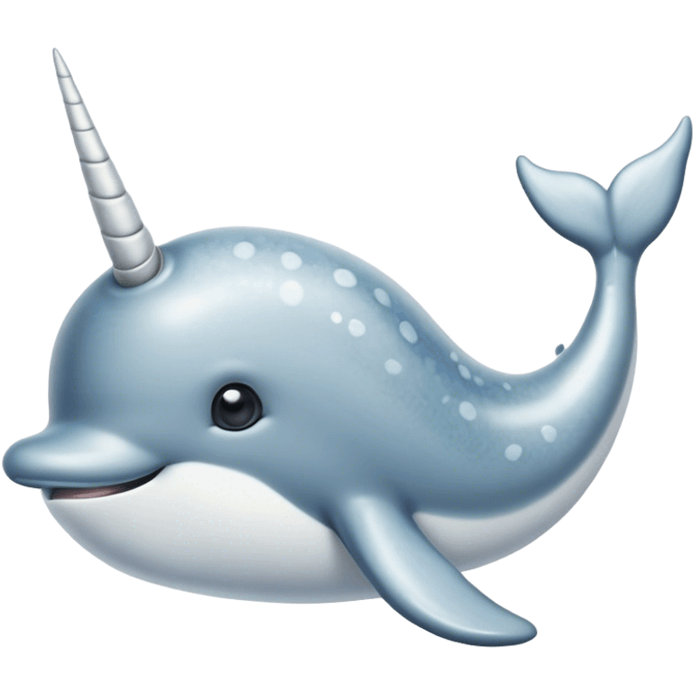 Cinematic Noble Cute Narwhal Portrait Emoji, Poised and graceful, with a streamlined, gently curved body clad in mottled, silvery-gray skin, accented by a long, spiraled ivory tusk and wide, expressive eyes radiating playful intelligence, Simplified yet sharp and sophisticated features, highly detailed, glowing with a cool, frosted ocean glow, high shine, intelligent and enigmatic, stylized with an air of whimsical marine majesty, focused and graceful, soft glowing outline, capturing the essence of a watchful and confident cute narwhal that appears ready to glide out of the screen with effortless charm! emoji