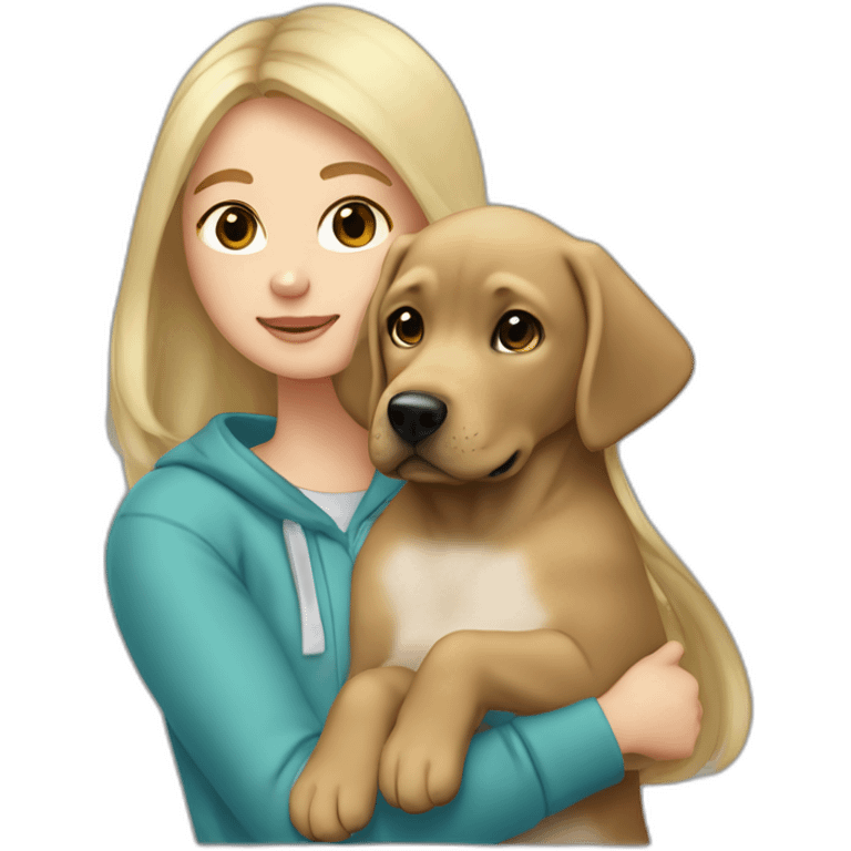 A blonde girl with smooth hair and a ray in the middle of his hair, she has light skin a few freckles, and she wear a hoodies and she Carries in his arms a baby black labrador dog  emoji