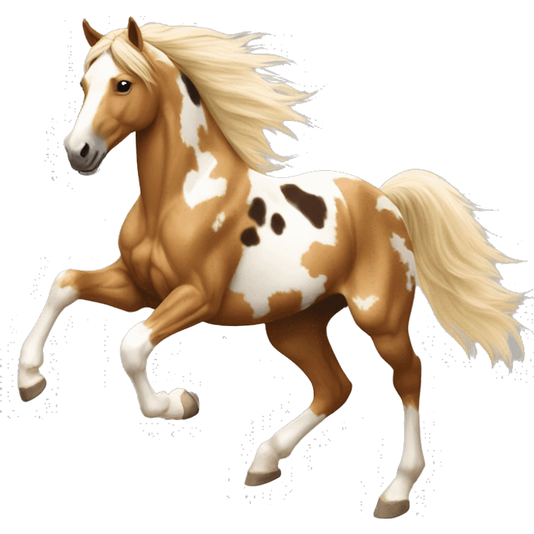 Scruffy scarred scratched Piebald tricolor palomino yellow brown horse with dark brown spots galloping running emoji