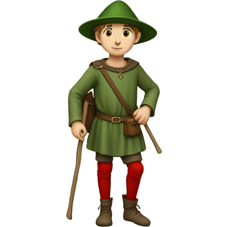 13th century European pilgrim boy with staff, red stockings, short green tunic and green hat and leather shoulder bag emoji