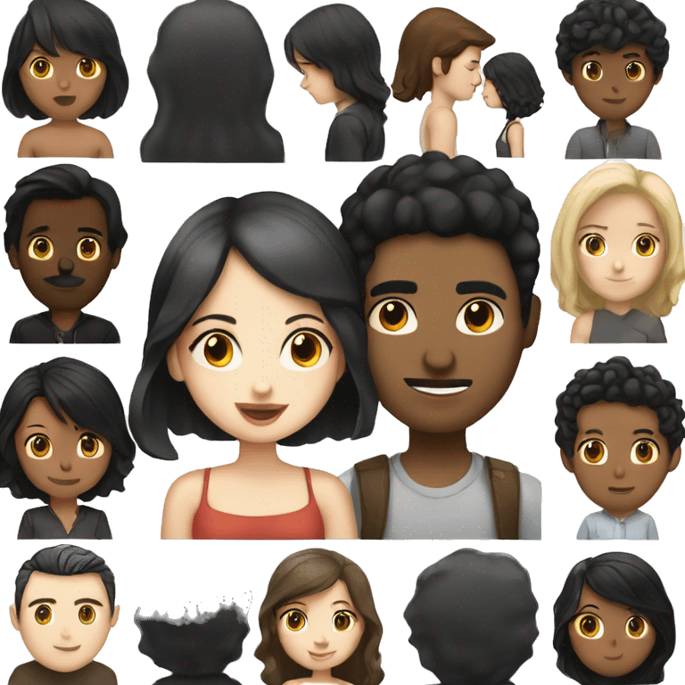 one female with black hair and pale skin kissing a male with brown hair and white tan skin emoji