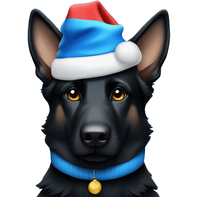 All black German shepherd with blue Santa hat emoji