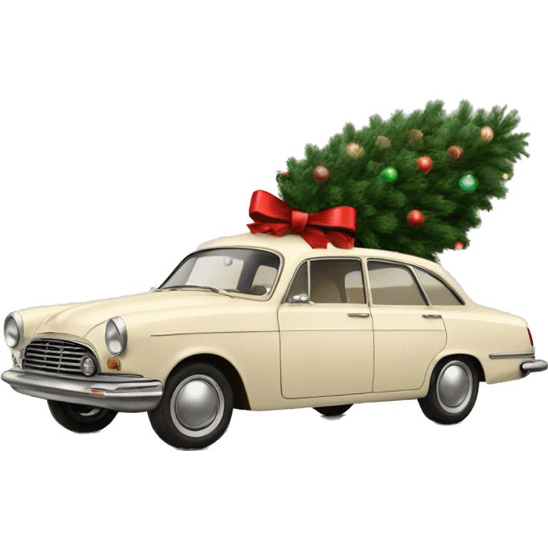 vintage cream car with a christmas tree on top emoji