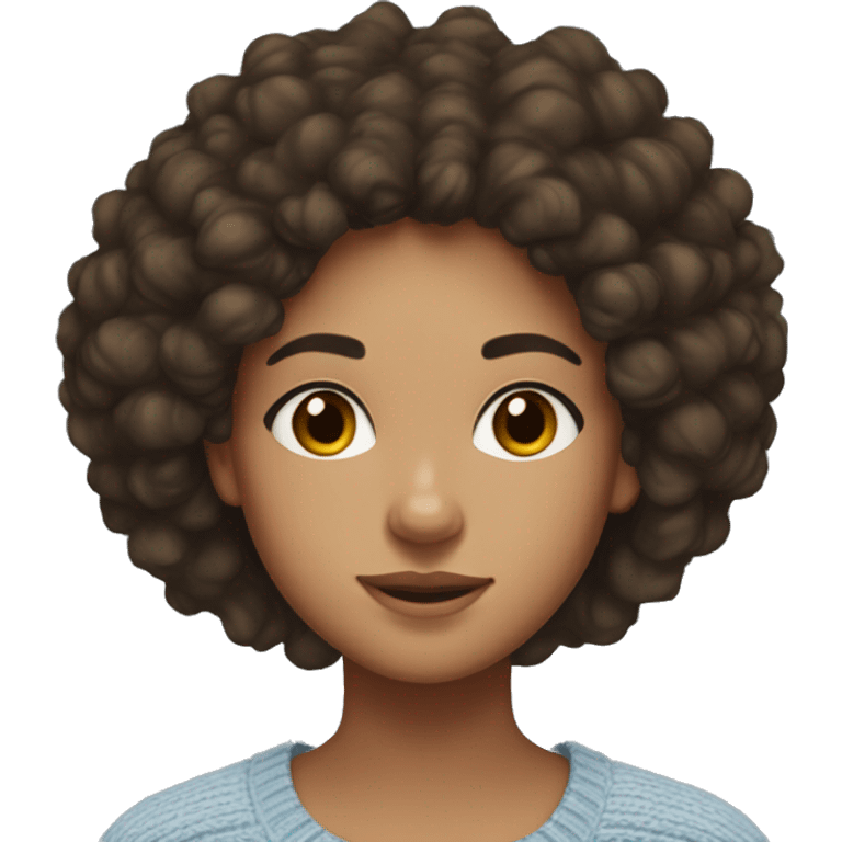 teenage girl, hispanic, freckles, afro brown hair, brown eyes, light blue sweater, winter sweater  emoji