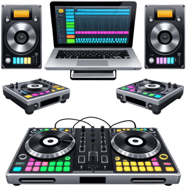 Create a professional and technical emoji that represents remixing music. The design should feature a high-end DJ controller, turntables with vinyl records, and a sound mixing console with faders to symbolize the technical aspects of remixing. Include elements like studio headphones and a laptop or digital audio workstation (DAW) screen to reflect the tools used in music production. Use colors like black, silver, and neon accents to convey the professional, high-tech nature of remixing. The background should be transparent. emoji