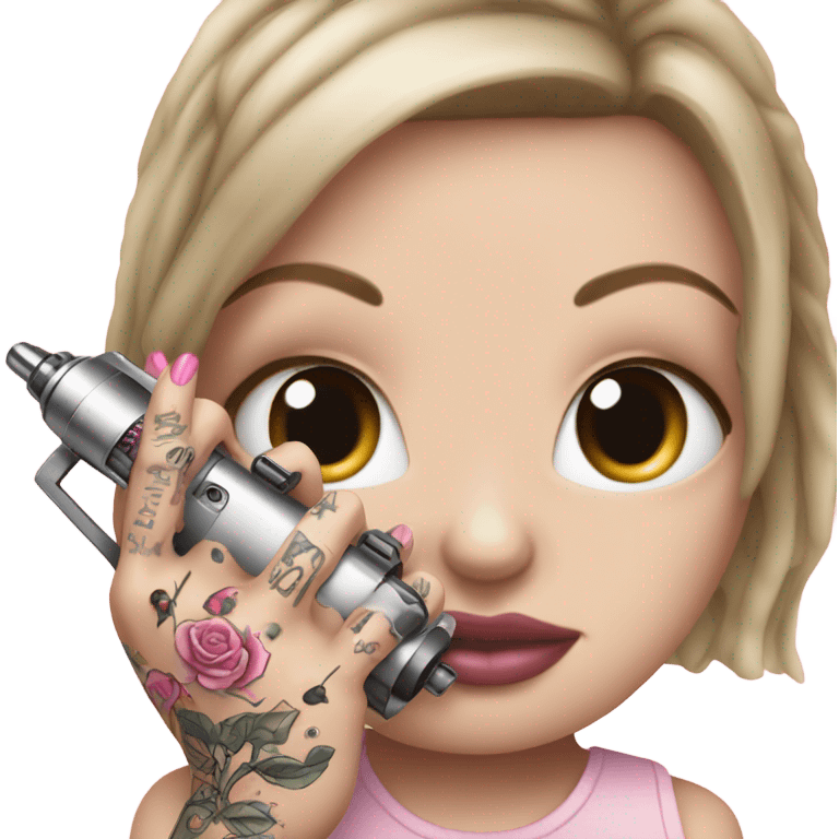 White girl hand with pink tattoos holding a tattoo machine emoji