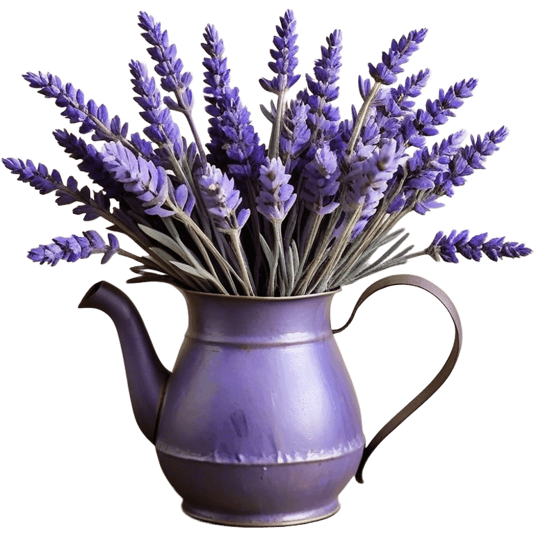 An overflowing bouquet of dried lavender, arranged in a weathered metal pitcher with a patina of age, displays a harmonious blend of dusky mauve, soft periwinkle, and rich indigo hues. A frayed velvet ribbon in deep violet wraps loosely around the handle, as stray lavender stems spill over the edge, filling the air with their soothing fragrance.
 emoji