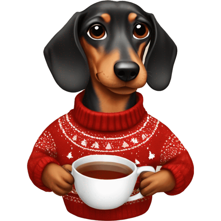 Dachshund in a Christmas sweater with a Christmas cup of tea emoji