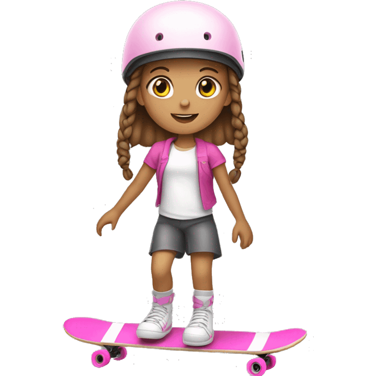 white little girl, brown hair with braids, with pink helmet skateboarding emoji