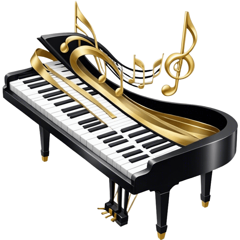 Create a detailed and elegant emoji collage representing keyboard instruments in a celebratory and professional style, reminiscent of a coat of arms. The design should feature a central arrangement of black and white piano keys, forming a symmetrical, powerful image. Around the keys, include a flowing ribbon of musical notes that intertwines with the keys, creating a sense of movement and harmony. Use gold and silver accents to highlight the keys and musical notes, giving the design a festive, high-quality appearance. The design should convey professionalism, elegance, and a sense of occasion. Add subtle reflections on the piano keys to enhance the polished look. The background should be transparent. emoji