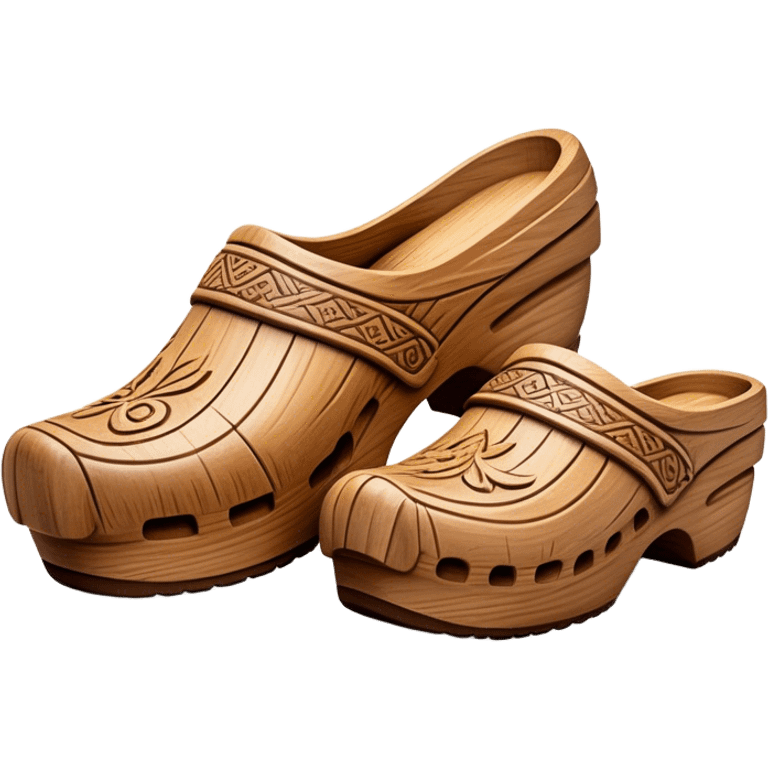 Cinematic Realistic Wooden Clogs Emoji, depicted as a pair of traditionally carved weathered wooden clogs with intricate details and rustic charm, rendered with rich textures and warm natural lighting that captures their cultural heritage. emoji