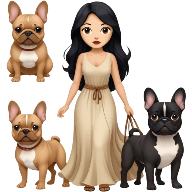 latin woman in a dress with long black hair standing alongside two French bulldogs  emoji