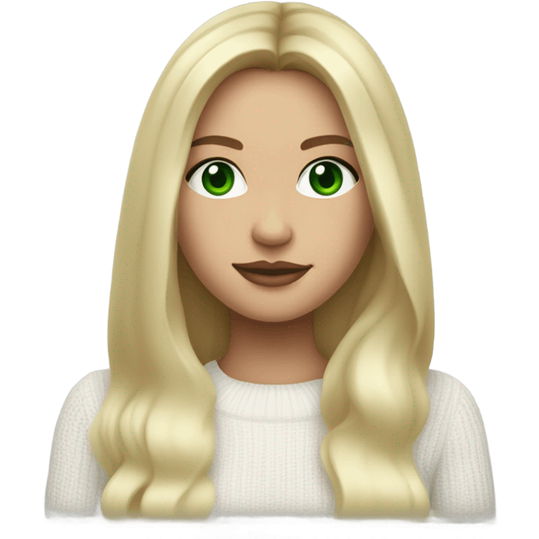 solo blonde girl with green eyes, smooth skin, white sweater, long blow out hair, baddie, middle part emoji