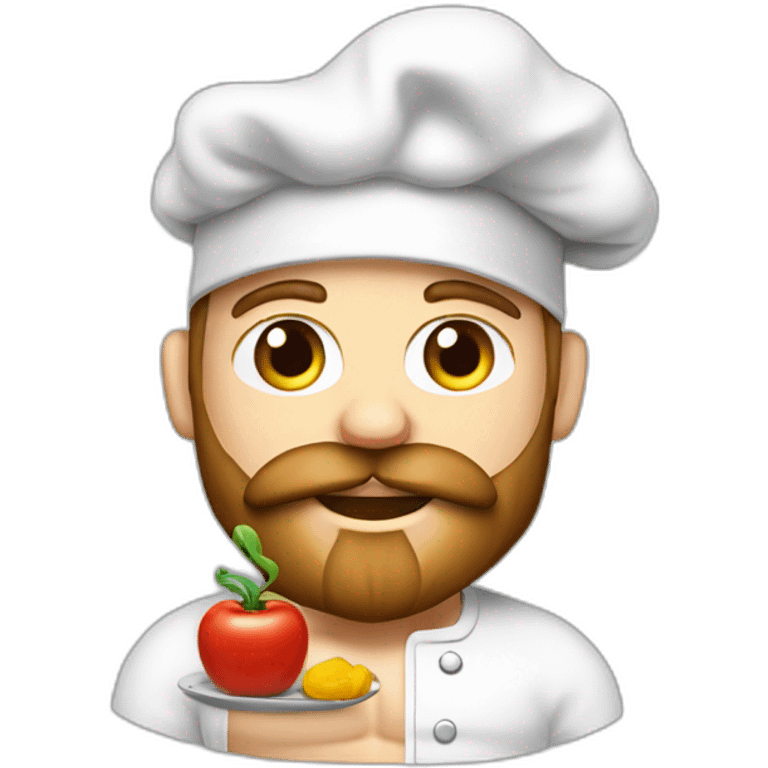 bodybuilder white skin and beard, cooking food with chef hat  healty food  emoji