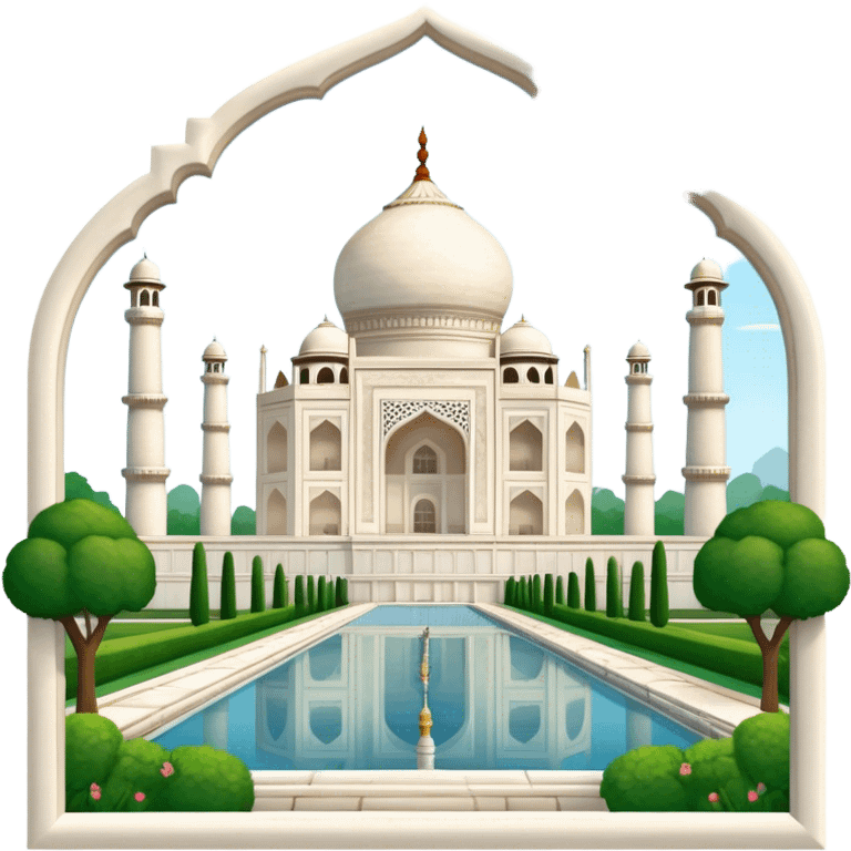 Cinematic Realistic Taj Mahal Landmark Emoji, depicted as the iconic marble mausoleum set amidst lush gardens rendered with intricate detail and ethereal, soft lighting. emoji