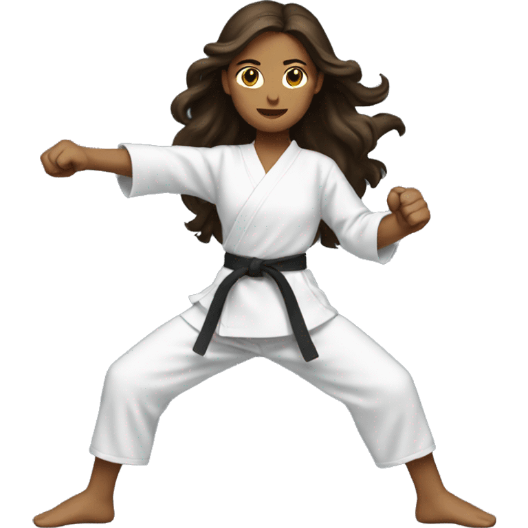 Girl doing power karate stance with long wavy brunette hair emoji