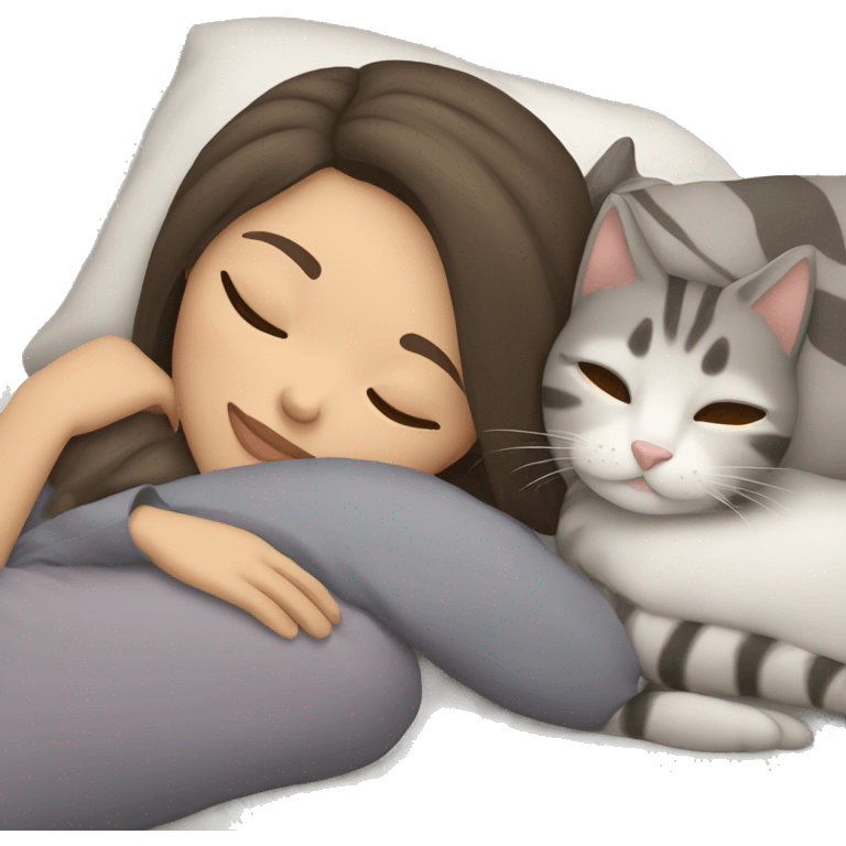 Brunette girl with light skin sleeping with a grey tabby cat emoji