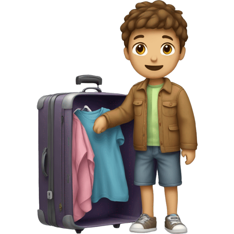 Boy with brown hair unpacking a suitcase with clothes inside emoji