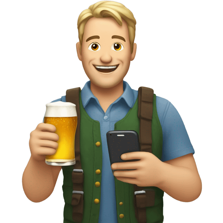 A happy white guy with a beer looking at a phone emoji