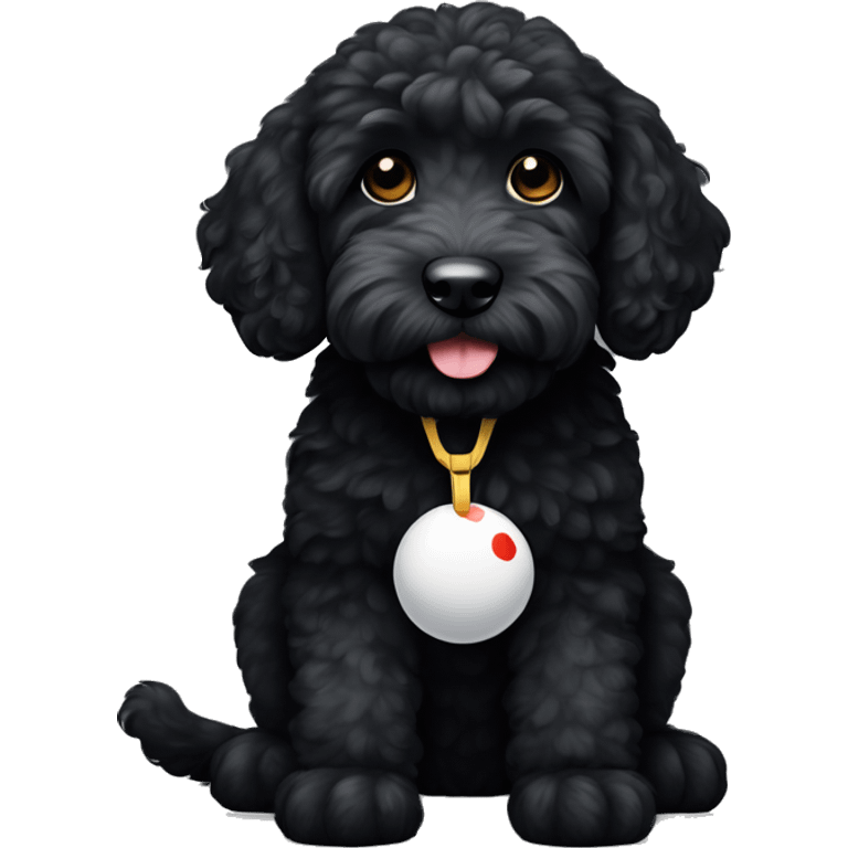 Jet black Labradoodle with white spot on chest holding a toy emoji