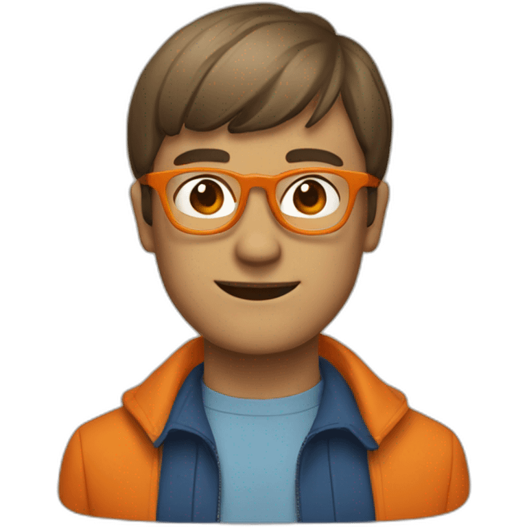 a man with a bowl cut brown squar glasses, a orange jacket emoji