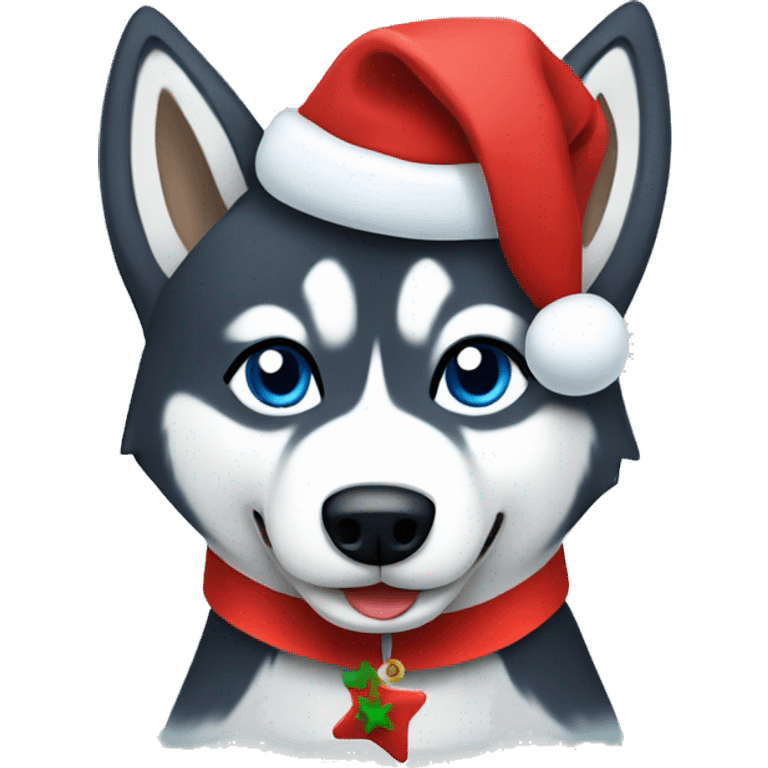 Husky wearing a Christmas collar and a Christmas hat emoji