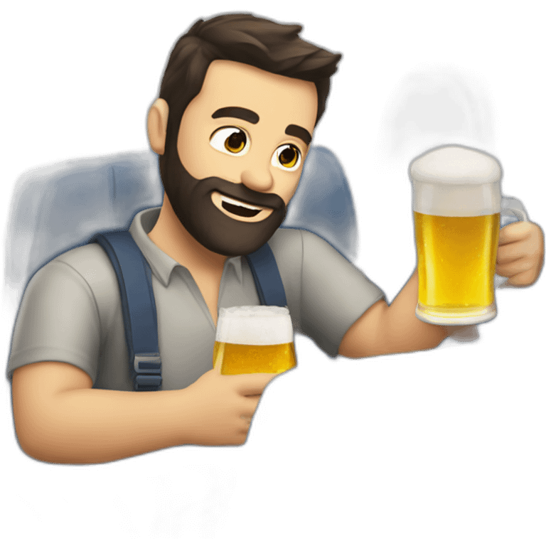 Dark hair beard man drinking beer riding a plane emoji