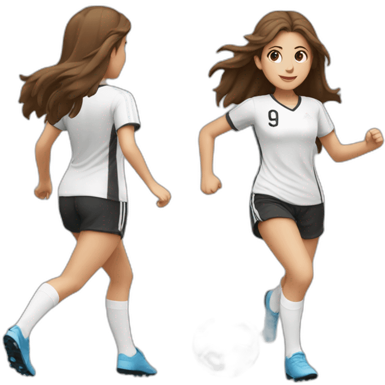 One cucasian girl with brown long hair running with a soccer ball wearing White short and black shorts emoji