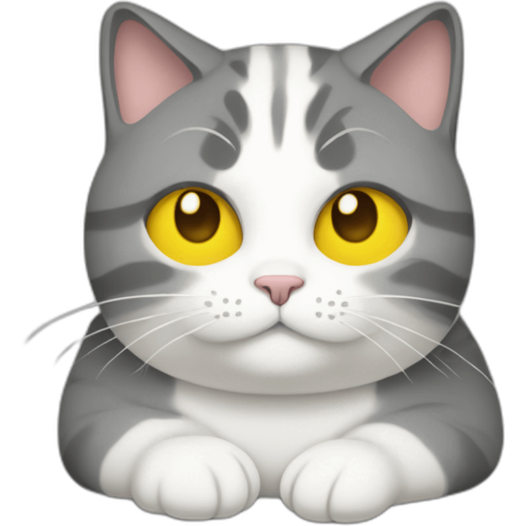 fat female cat with 3 colors, grey, white and yellow emoji