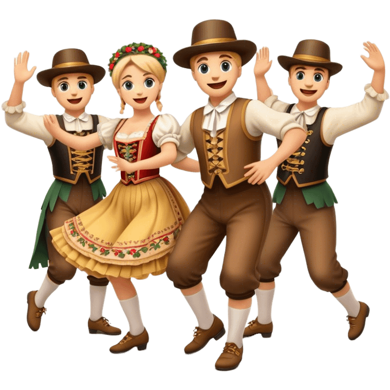 Cinematic Realistic Schuhplattler Dance Emoji, depicted as a lively traditional folk dance scene with performers in authentic Bavarian costumes, rendered with dynamic textures and festive natural lighting that captures the spirit of rural celebration. emoji