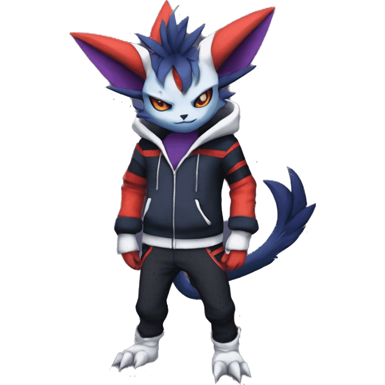 Cool Anthro Dark Absol-Noivern-Quilava-Litten-Pokémon with edgy stripes hoodie spiked collar punk Full Body emoji