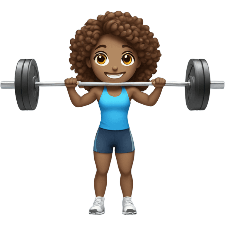 smiling girl weightlifting a barbell with fair skin, long brown curly hair and blue eyes emoji