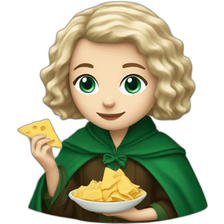 Blue eyes Slytherin girl with short wavy ash blonde bob hair eating chips and cheese hogwarts robe emoji