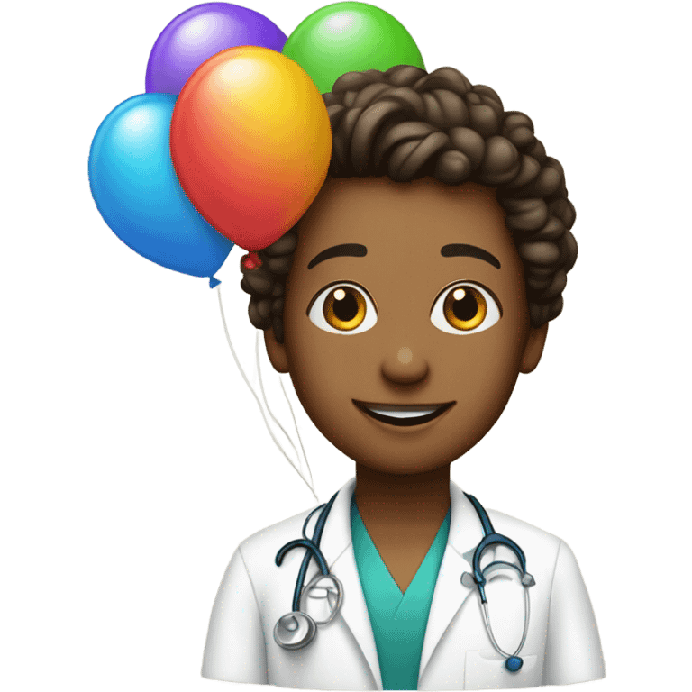 Young medical student with a sthetoscoe and a birthday cake and baloons emoji