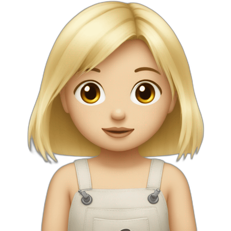 bébé fille blonde décoiffée assise avec une peluche Totoro  emoji