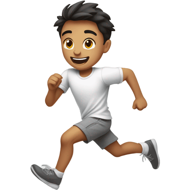 Young Eurasian boy in white shirt and grey shorts running emoji