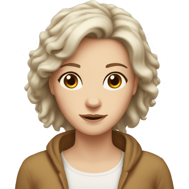 white lady with brown hair and hazel eyes with a lion emoji