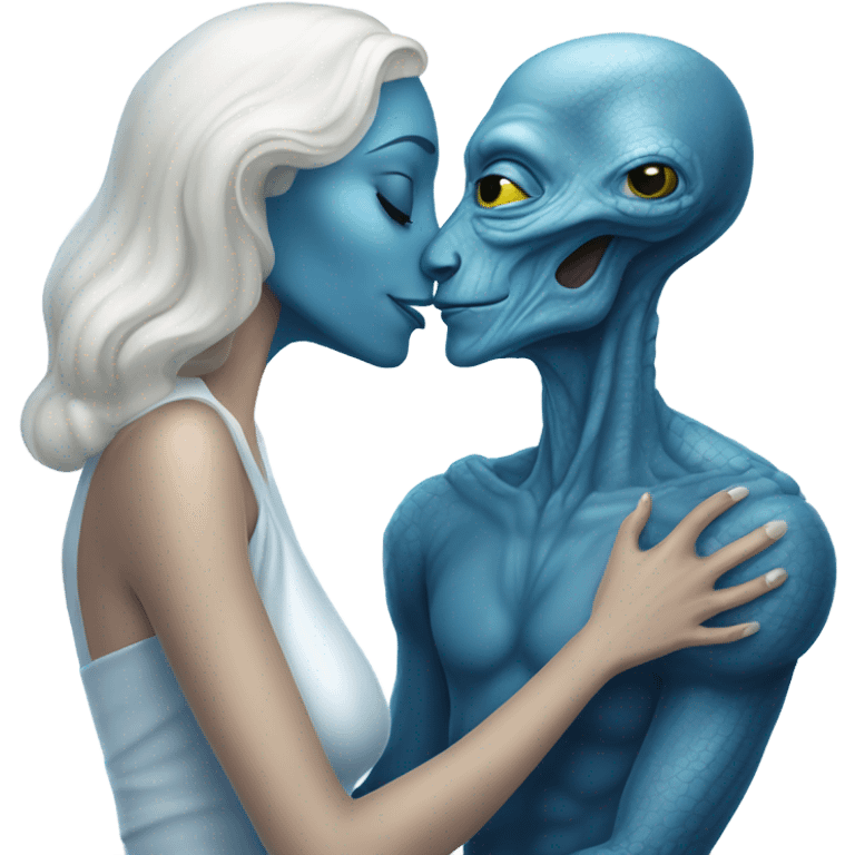 Alien reptilian woman in white dress hugs and kissing a normal "white male human man" in blue dress emoji