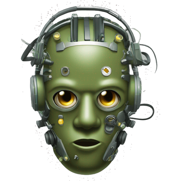 Olive green mohawk cyborg head with respirator mask and circuits emoji