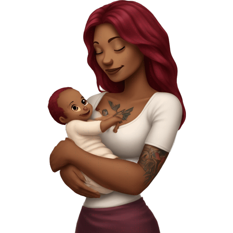 Beautiful tattooed burgundy long haired woman holding a baby emoji