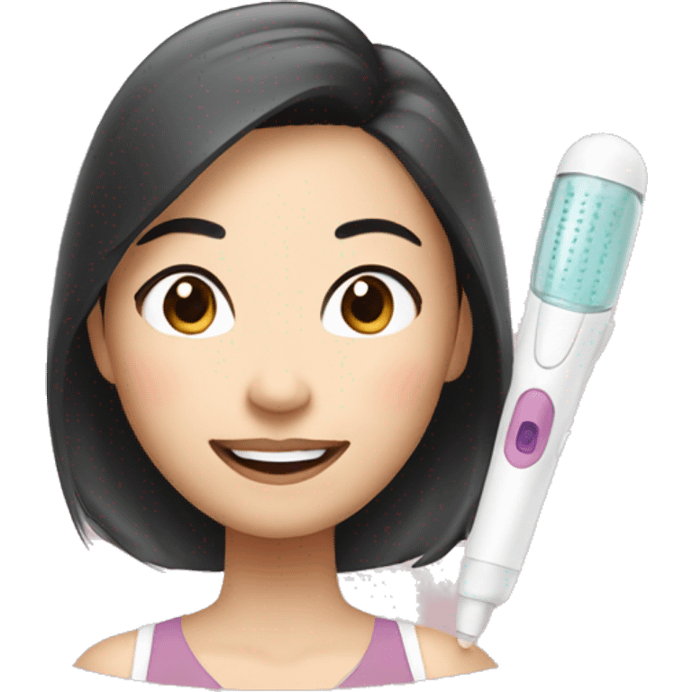 an asian woman using beauty device with smile on her face emoji