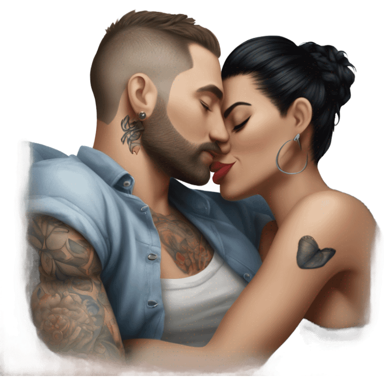 Hyper Realistic beautiful woman in the arms of a very handsome tattooed man kissing on a sofa emoji