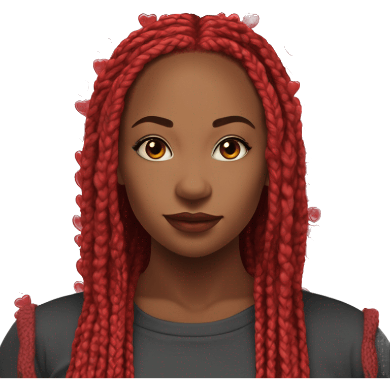 box braids color red, front facing, shoulder length, with hearts emoji